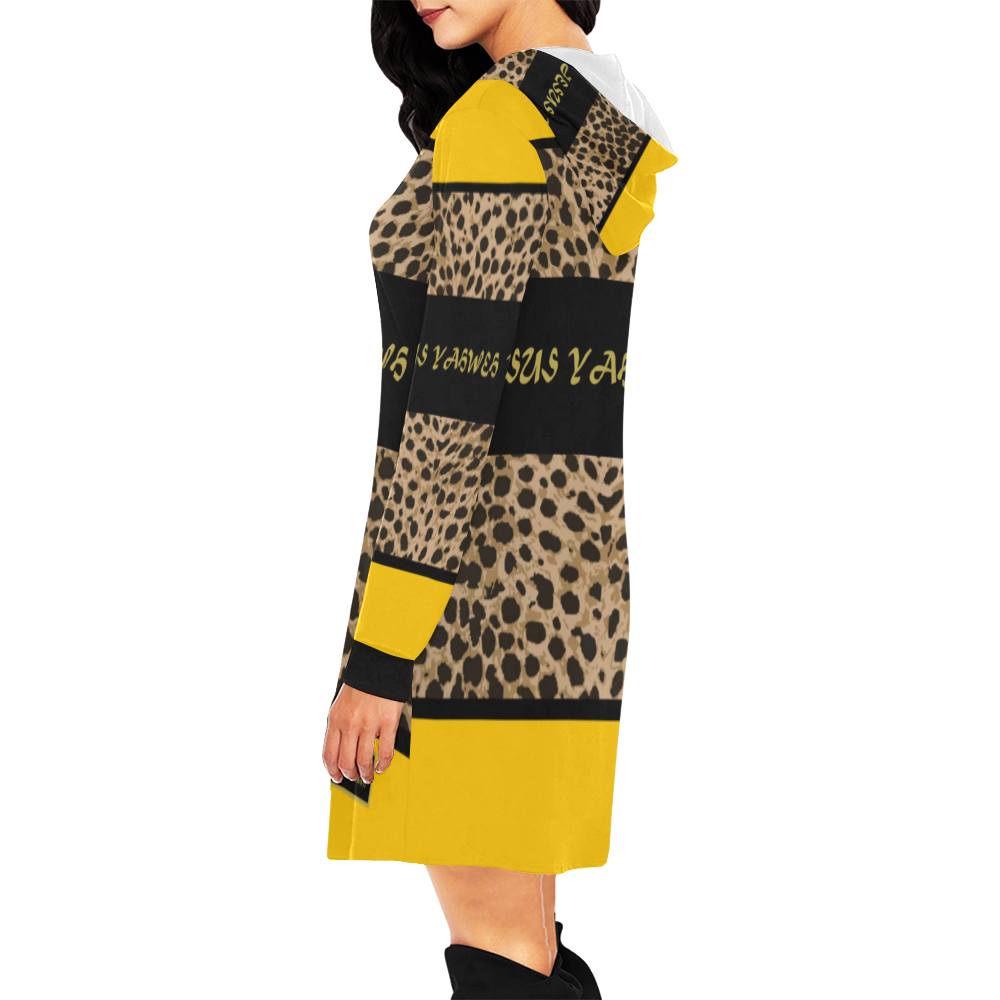 Yahweh Leopard Hood Dress Yellow All Over Print Hoodie Mini Dress (Model H27)
