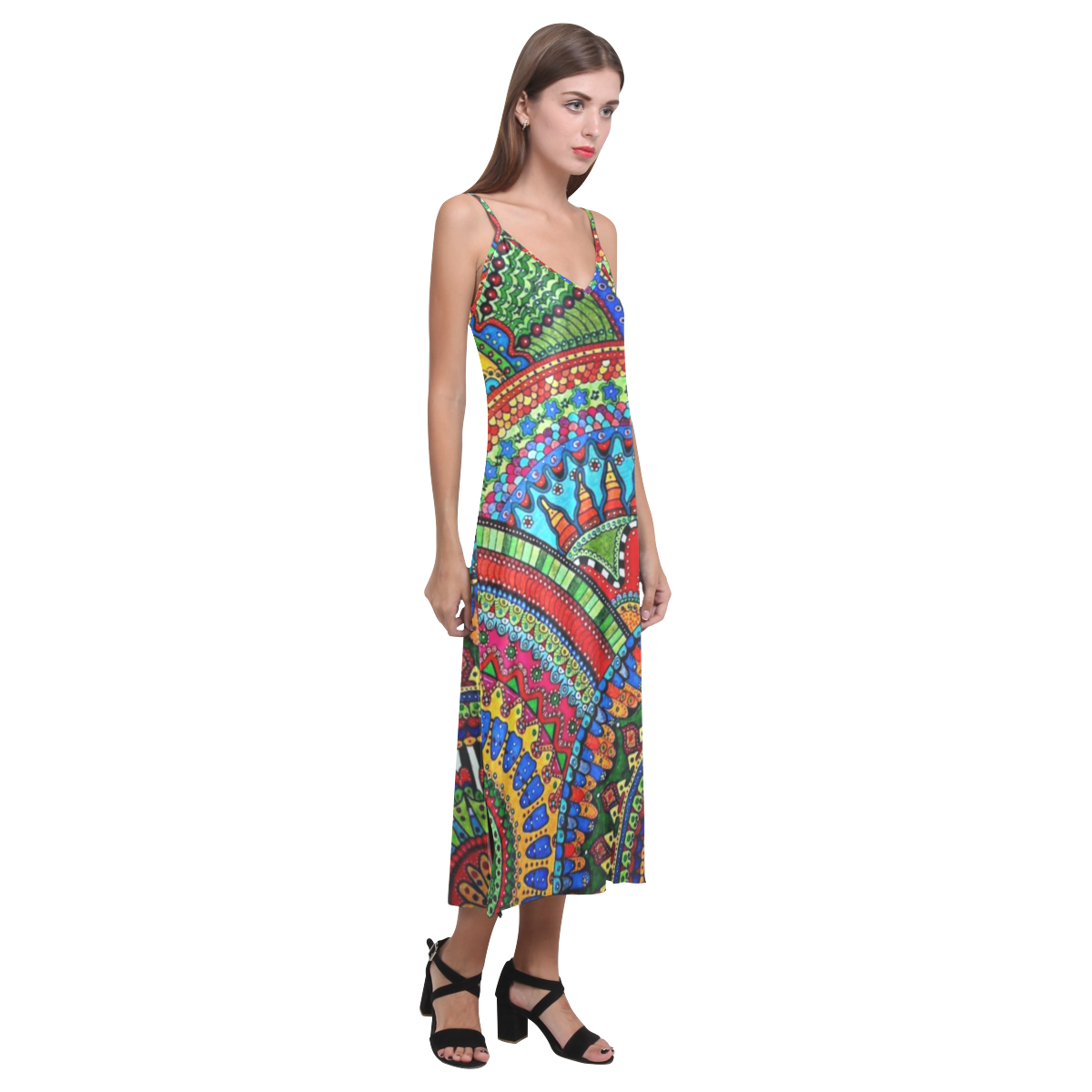 Designed by Sibrina Creations Print V-Neck Open Fork Long Dress(Model D18)