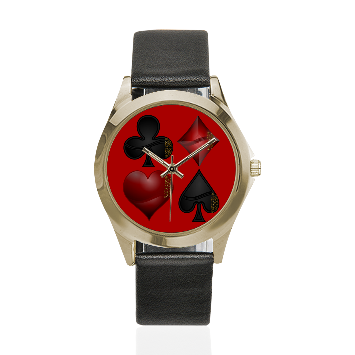 Las Vegas Black and Red Casino Poker Card Shapes (Red) Unisex Silver-Tone Round Leather Watch (Model 216)