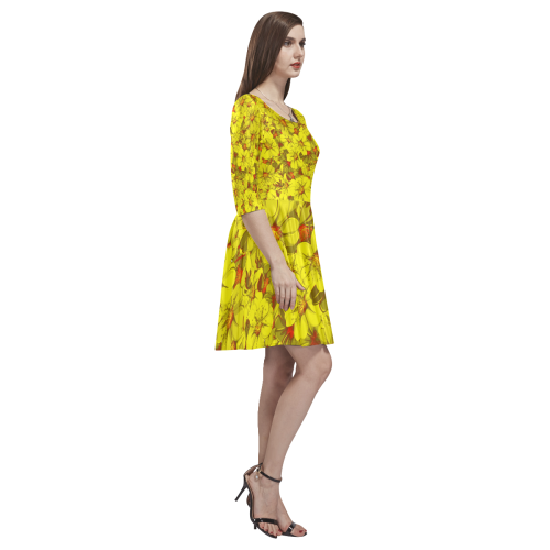 Yellow flower pattern Tethys Half-Sleeve Skater Dress(Model D20)