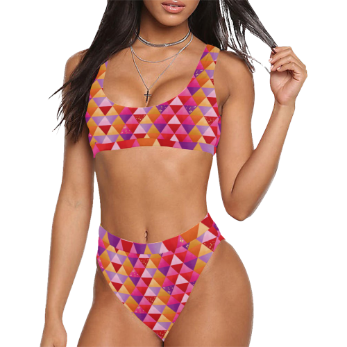 Triangle Pattern - Red Purple Pink Orange Yellow Sport Top & High-Waisted Bikini Swimsuit (Model S07)