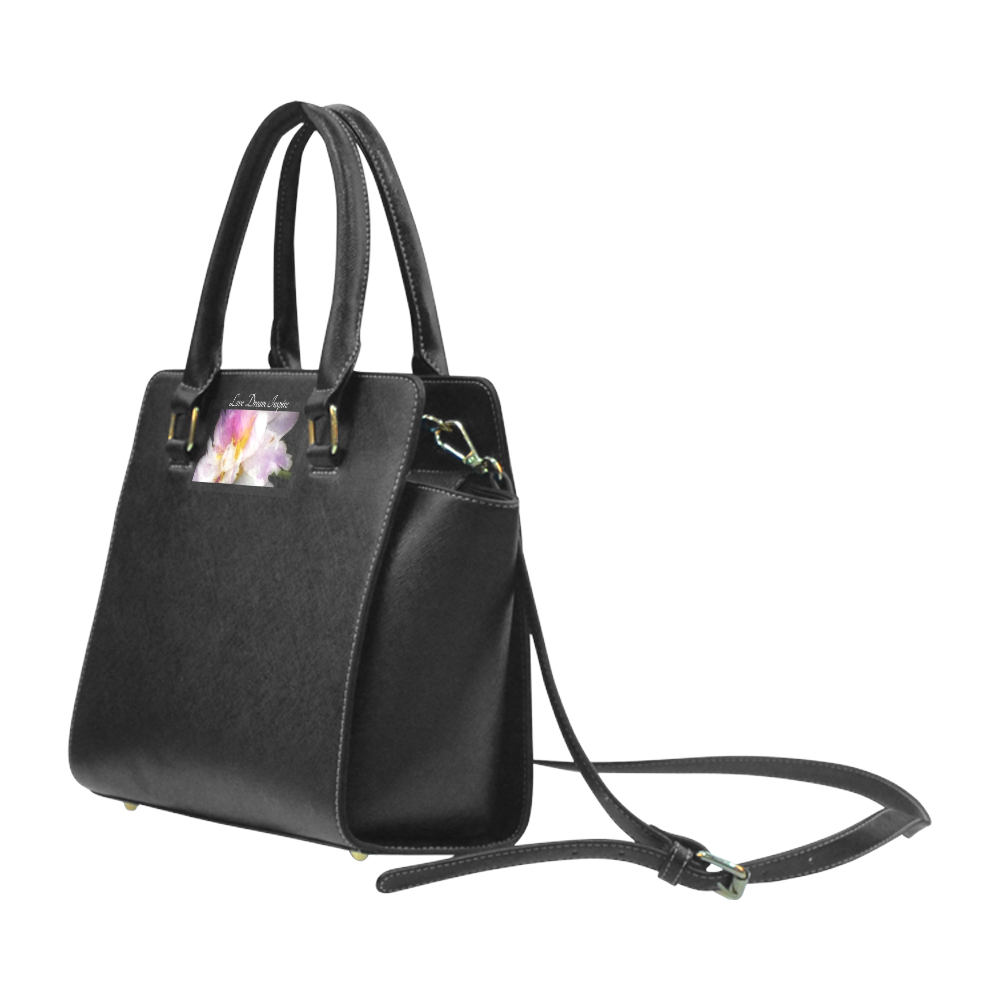 Black: Ruffled Peony #LoveDreamInspireCo Rivet Shoulder Handbag (Model 1645)