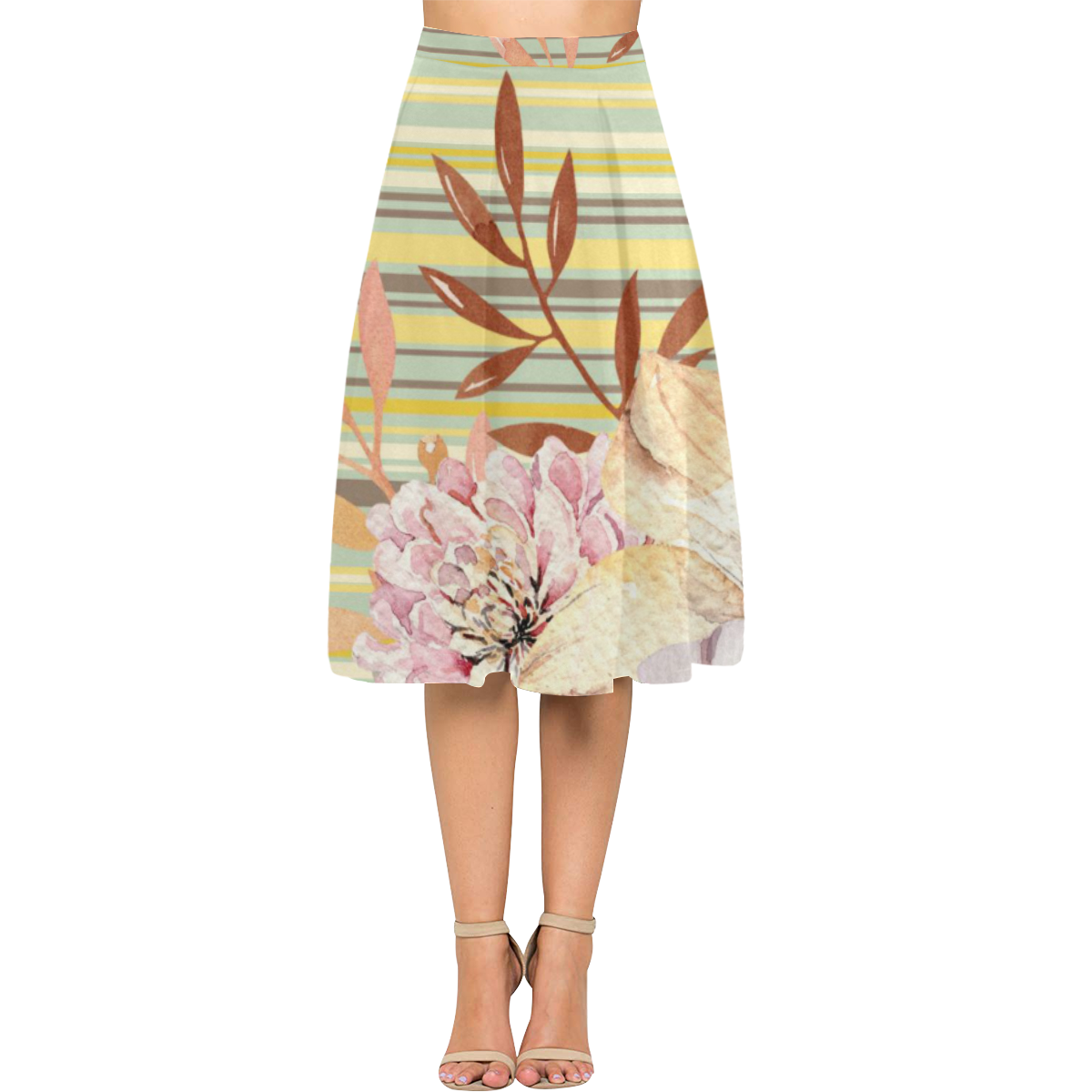 Flowers on Stripes Yellow Tan Aoede Crepe Skirt (Model D16)