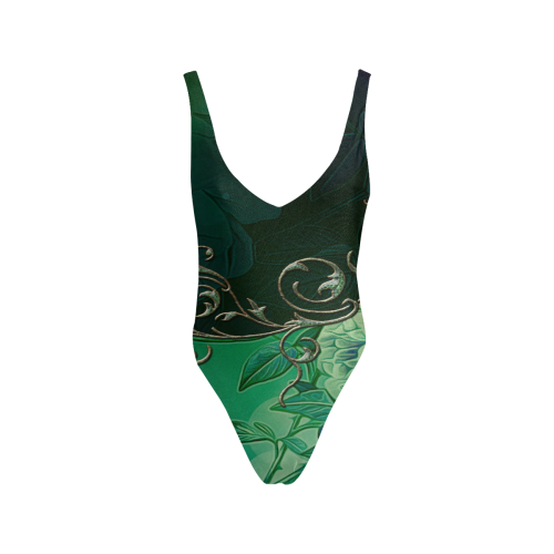 Green floral design Sexy Low Back One-Piece Swimsuit (Model S09)