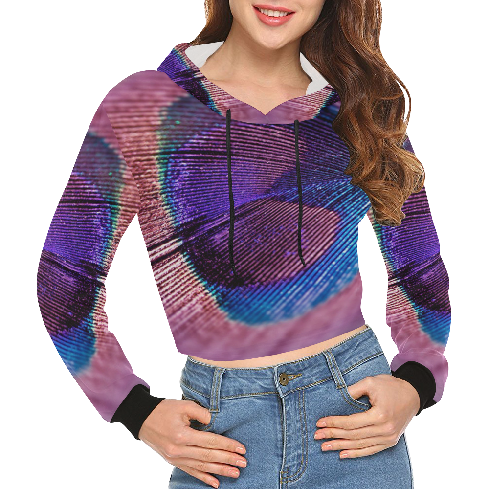 Purple Peacock Feather All Over Print Crop Hoodie for Women (Model H22)