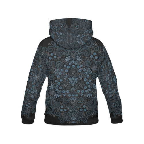 Blueberry Field, Blue, Watercolor Mandala on Black All Over Print Hoodie for Women (USA Size) (Model H13)