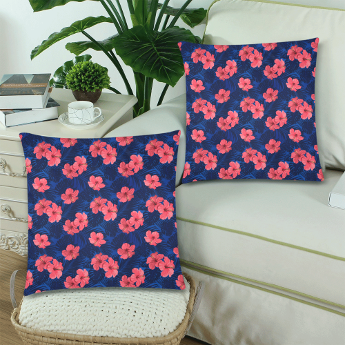Blue Gumamela Tropical Custom Zippered Pillow Cases 18"x 18" (Twin Sides) (Set of 2)