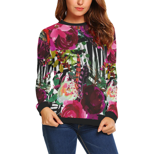 Floral On Zebra All Over Print Crewneck Sweatshirt for Women (Model H18)