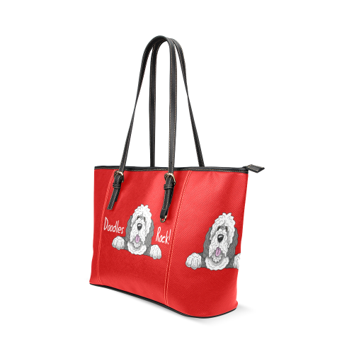 Sheepie Doodle grey & white- red Leather Tote Bag/Large (Model 1640)