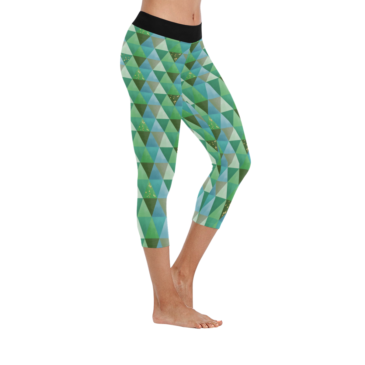 Triangle Pattern - Green Teal Khaki Moss Women's Low Rise Capri Leggings (Invisible Stitch) (Model L08)