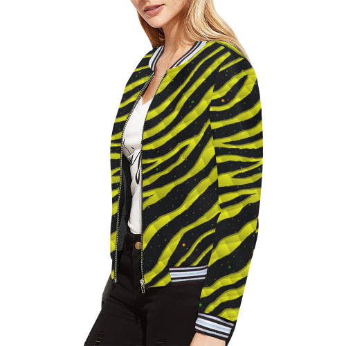 Ripped SpaceTime Stripes - Yellow All Over Print Bomber Jacket for Women (Model H21)
