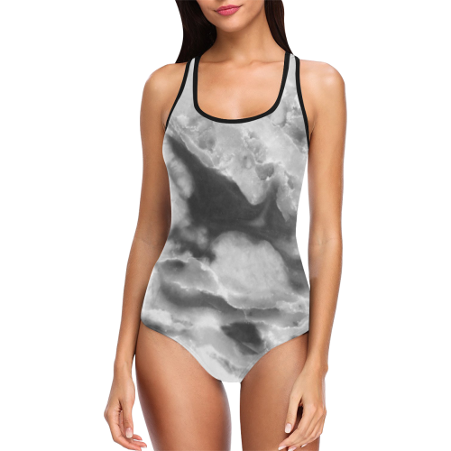 Marble Black and White Pattern Vest One Piece Swimsuit (Model S04)