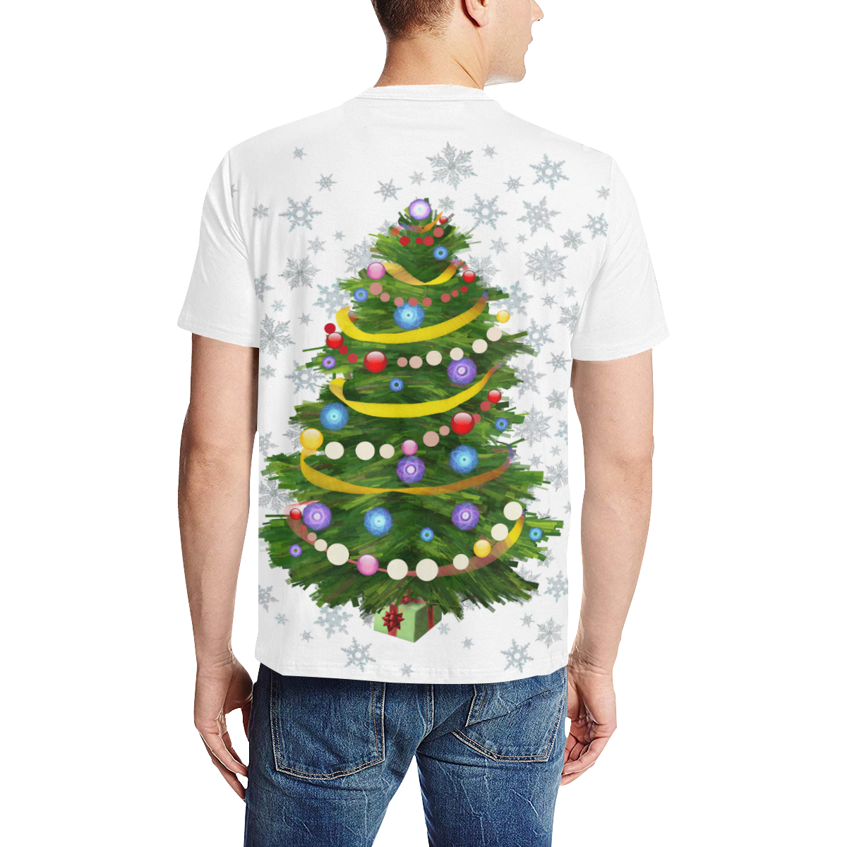 Snowflakes and Christmas Tree with Gift on white Men's All Over Print T-Shirt (Solid Color Neck) (Model T63)