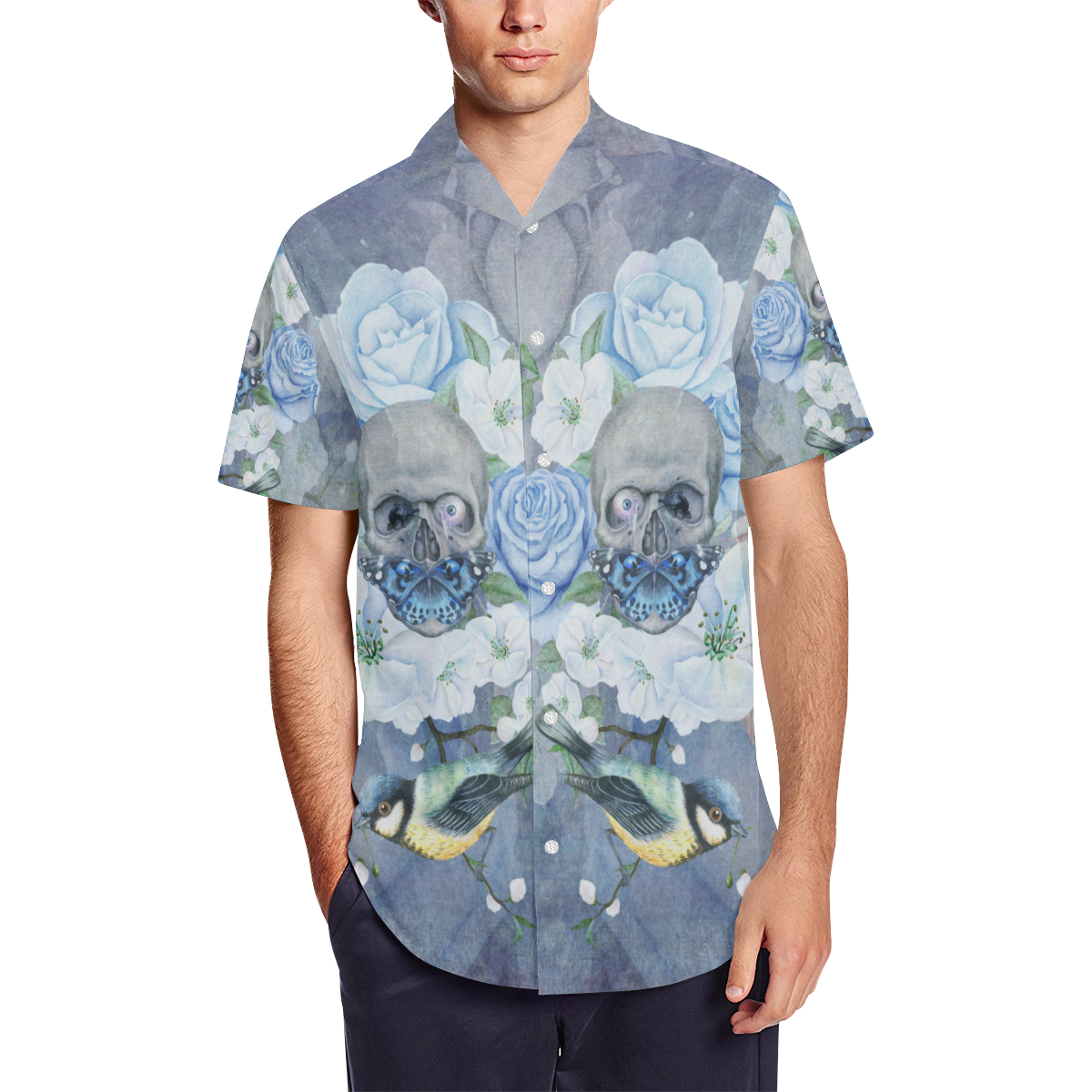 Gothic Skull With Butterfly Men's Short Sleeve Shirt with Lapel Collar (Model T54)