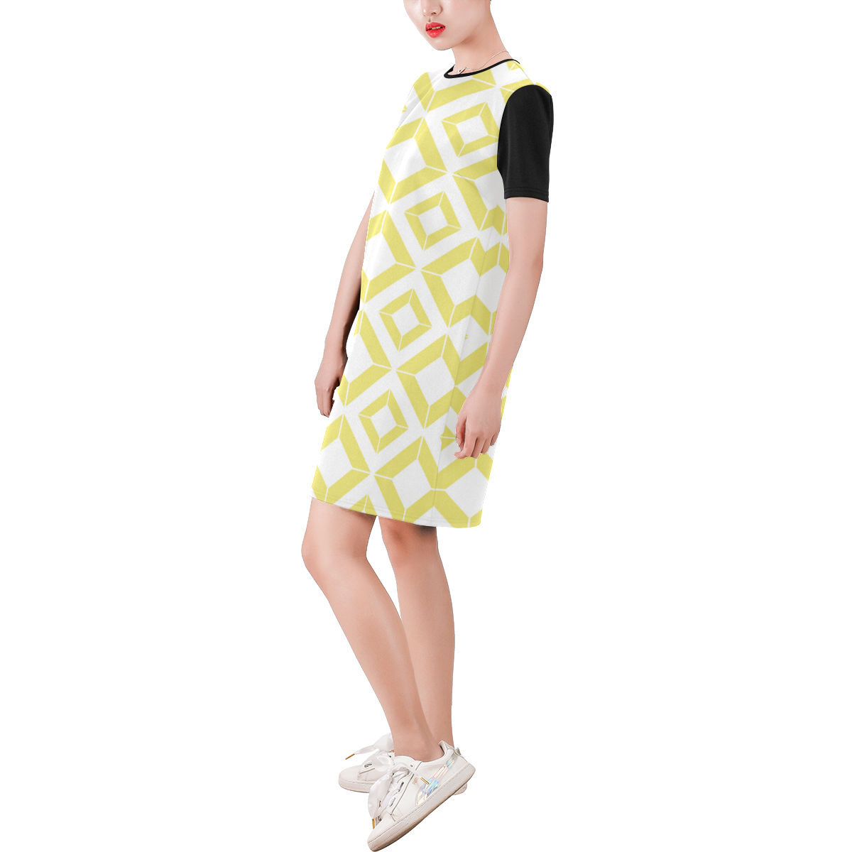 Abstract geometric pattern - gold and white. Short-Sleeve Round Neck A-Line Dress (Model D47)