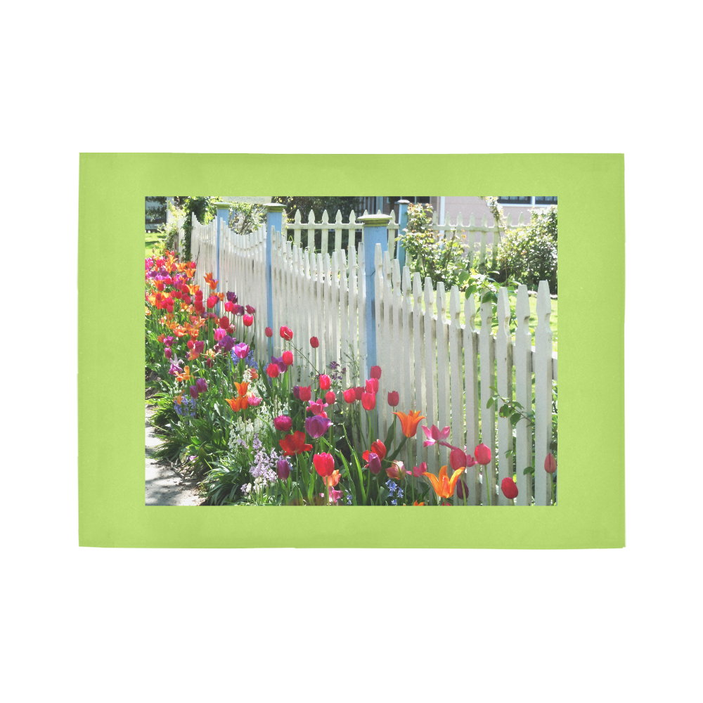 Tulips Garden Along White Picket Fence Floral Photography Light Green Border area rug Area Rug7'x5'