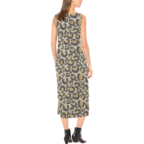 Linen Large Cheetah Animal Print Phaedra Sleeveless Open Fork Long Dress (Model D08)