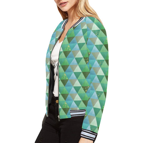 Triangle Pattern - Green Teal Khaki Moss All Over Print Bomber Jacket for Women (Model H21)