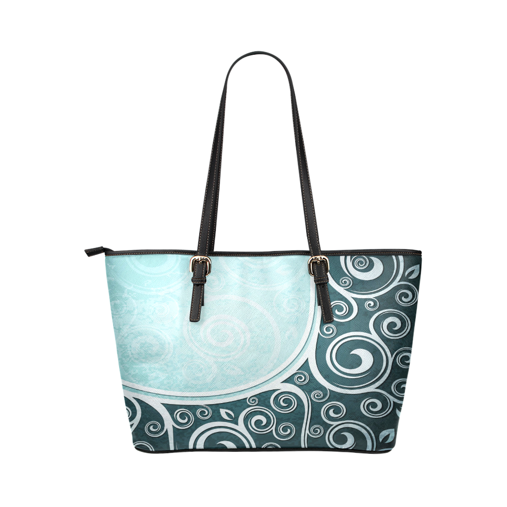 Abstract-Vintage-Floral-Blue Leather Tote Bag/Small (Model 1651)