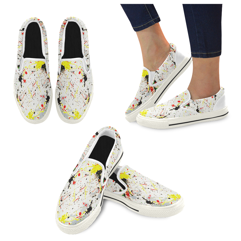 Yellow & Black Paint Splatter (White) Women's Slip-on Canvas Shoes/Large Size (Model 019)