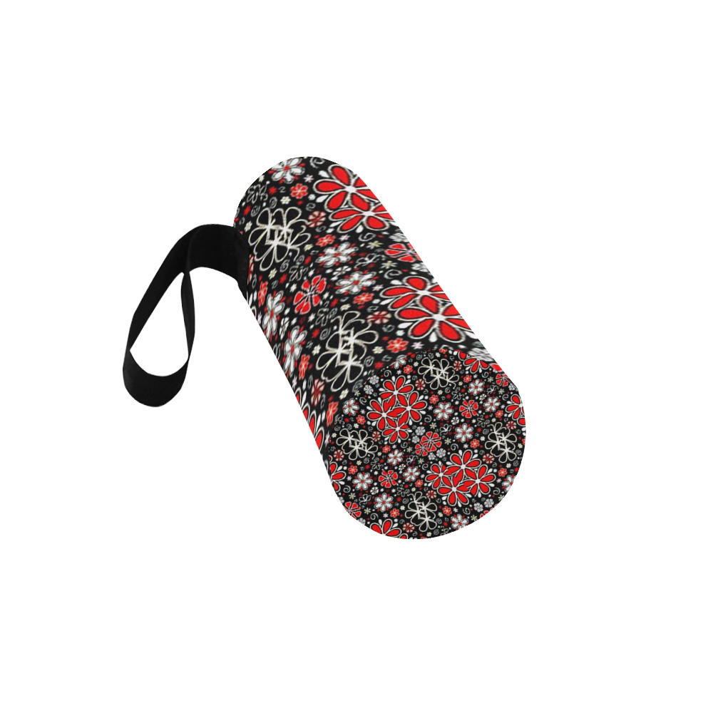 red and white tiny flowers on black background water bottle pouch Neoprene Water Bottle Pouch/Large