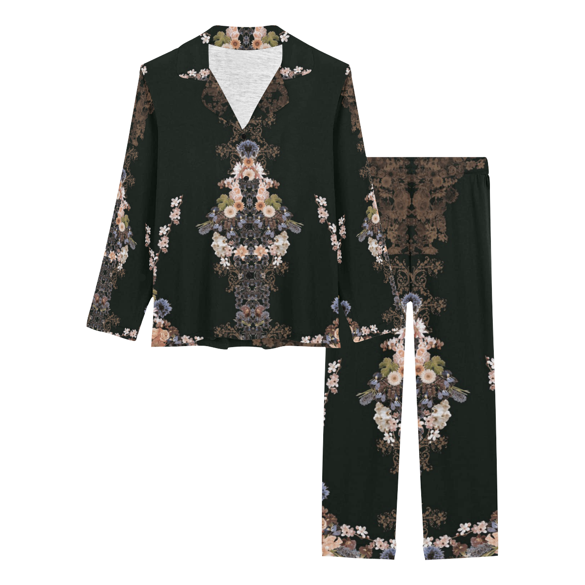 floral-black and peach Women's Long Pajama Set