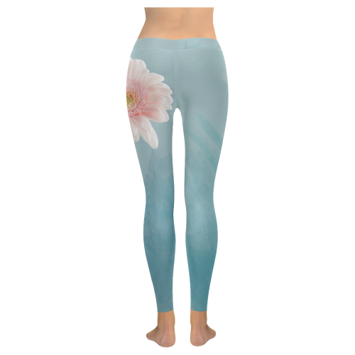 Gerbera Daisy - Pink Flower on Watercolor Blue Women's Low Rise Leggings (Invisible Stitch) (Model L05)