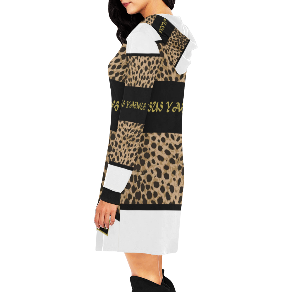Yahweh Leopard Hood Dress White All Over Print Hoodie Mini Dress (Model H27)