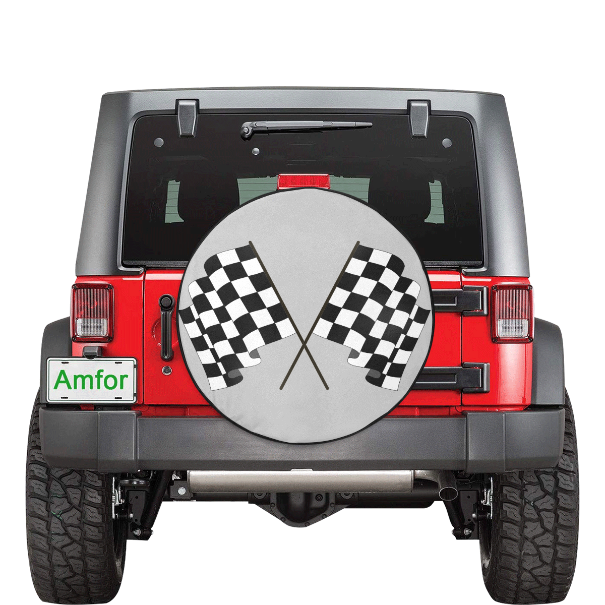 Checkered Race Flags on Black and Silver 32 Inch Spare Tire Cover