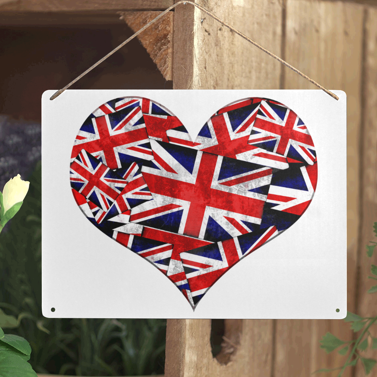 Union Jack British UK Flag Heart White Metal Tin Sign 16"x12"