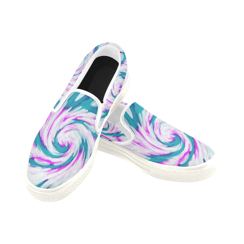 Turquoise Pink Tie Dye Swirl Abstract Women's Unusual Slip-on Canvas Shoes (Model 019)