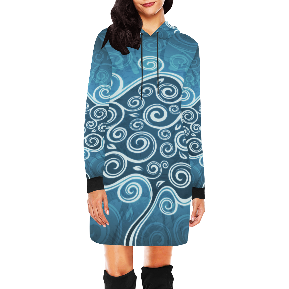 Abstract-Vintage-Floral-Blue-22 All Over Print Hoodie Mini Dress (Model H27)