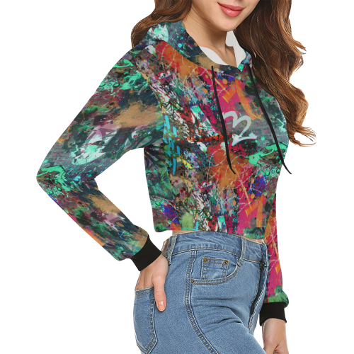 Graffiti Wall and Paint Splatter All Over Print Crop Hoodie for Women (Model H22)