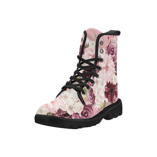 Flowers Boots, Pink Watercolor Flowers Martin Boots for Women (Black) (Model 1203H)