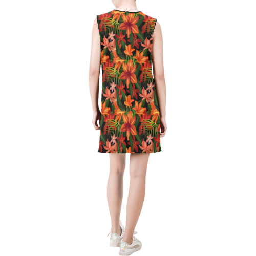 Amaryllis Floral Sleeveless Round Neck Shift Dress (Model D51)