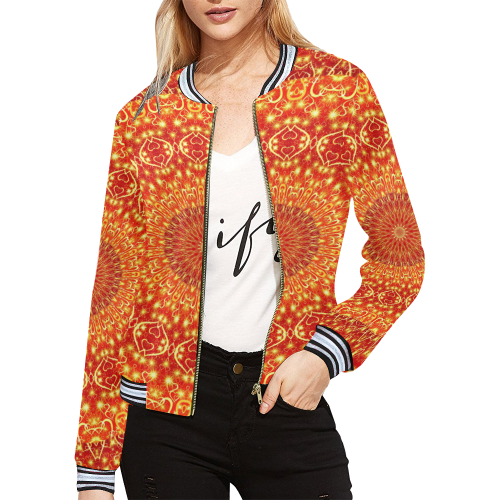 Love and Romance Golden Bohemian Hearts All Over Print Bomber Jacket for Women (Model H21)