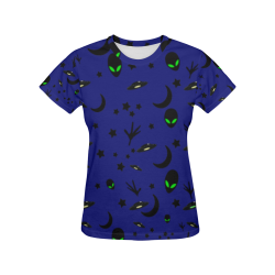 Alien Flying Saucers Stars Pattern on Blue All Over Print T-Shirt for Women (USA Size) (Model T40)