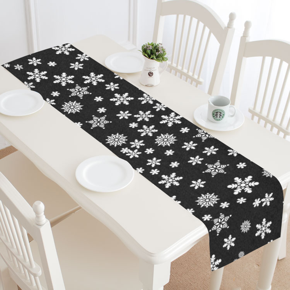 White Snowflakes on Black Table Runner 14x72 inch