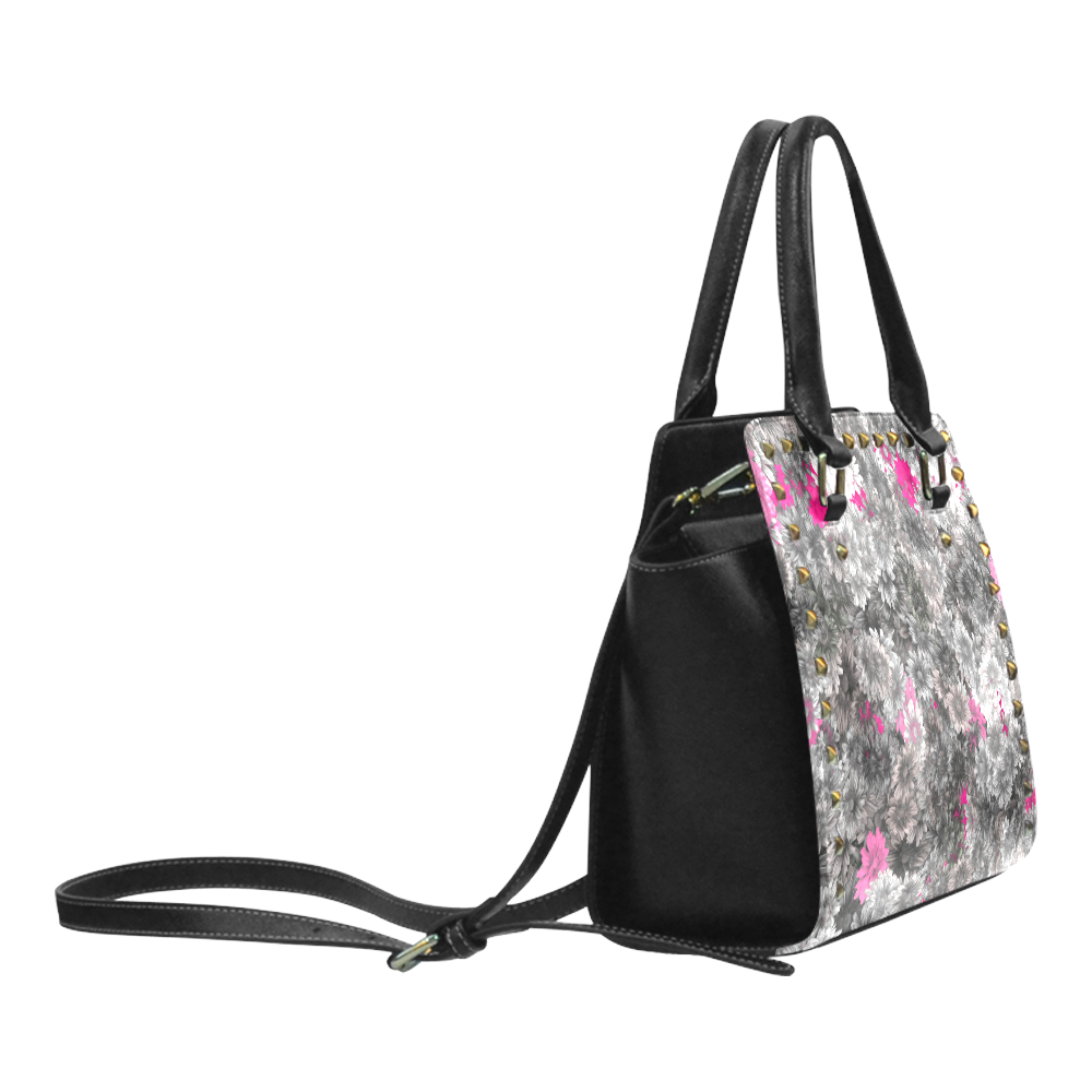 Pink and Gray Floral Art Rivet Shoulder Handbag (Model 1645)