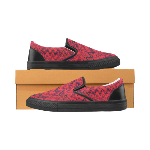 Red and Black Waves pattern design Men's Slip-on Canvas Shoes (Model 019)
