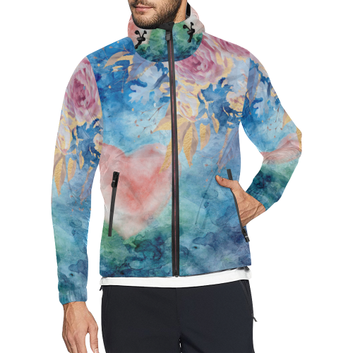 Heart and Flower - Pink and Blue Unisex All Over Print Windbreaker (Model H23)
