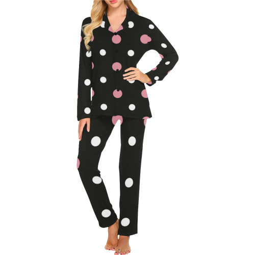 BLACK WITH PINK AND W2HITE DOTS Women's Long Pajama Set