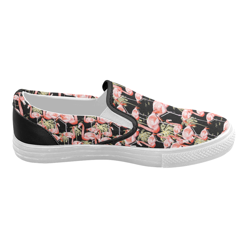 Pattern of flamingos among golden palm trees 2 Women's Slip-on Canvas Shoes (Model 019)