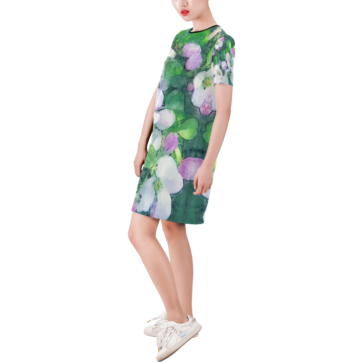 Apple Blossom. Inspired by the Magic Island of Gotland. Short-Sleeve Round Neck A-Line Dress (Model D47)