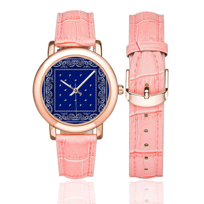 KERCHIEF PATTERN BLUE Women's Rose Gold Leather Strap Watch(Model 201)