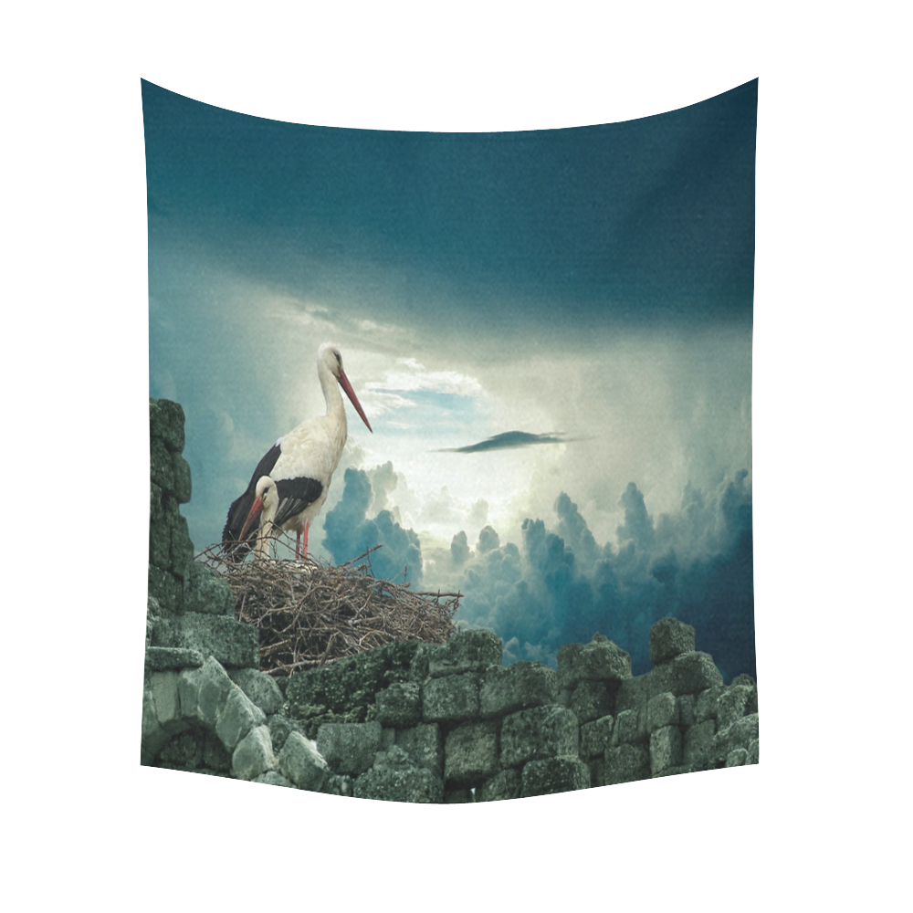 Stork And Baby Cotton Linen Wall Tapestry 51"x 60"