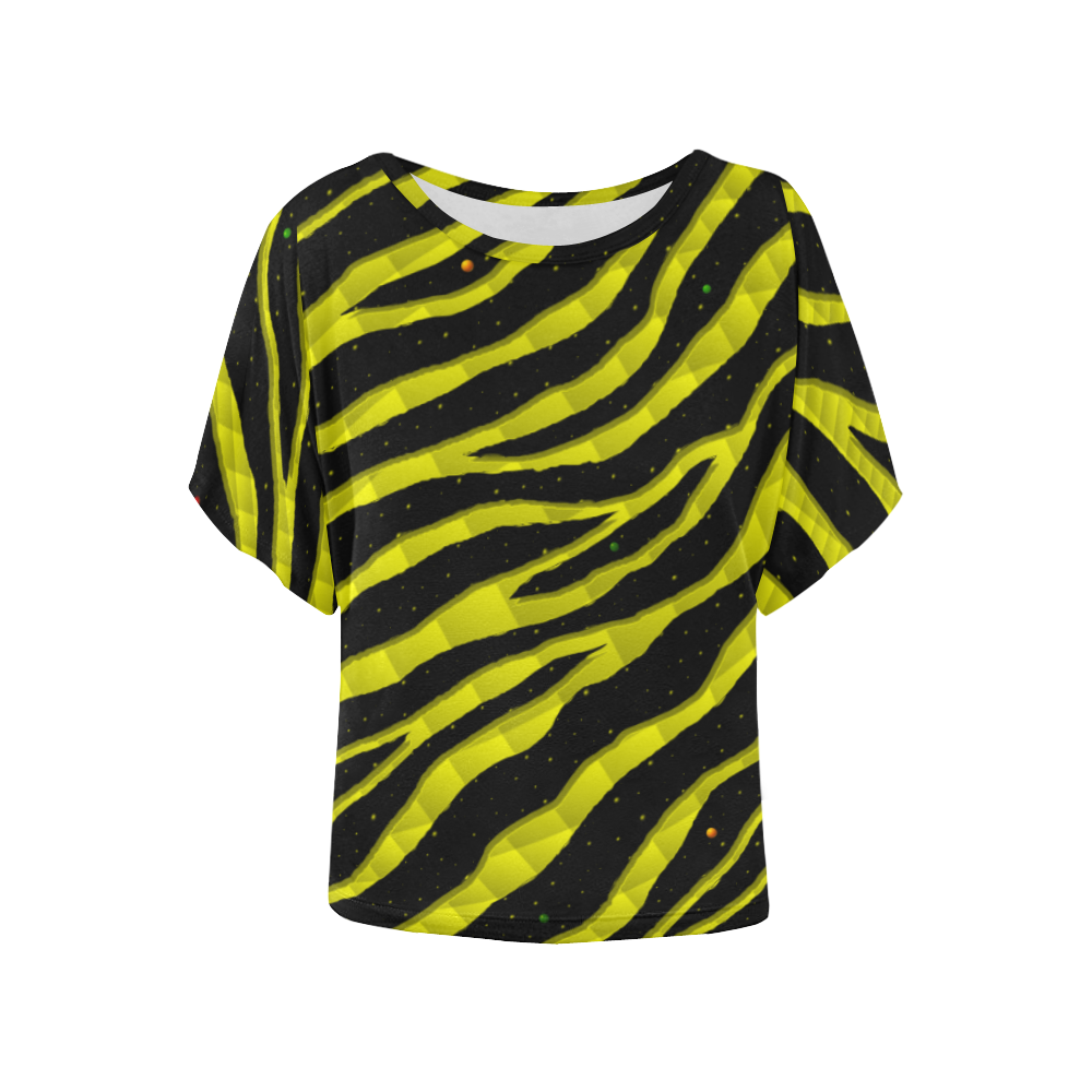 Ripped SpaceTime Stripes - Yellow Women's Batwing-Sleeved Blouse T shirt (Model T44)