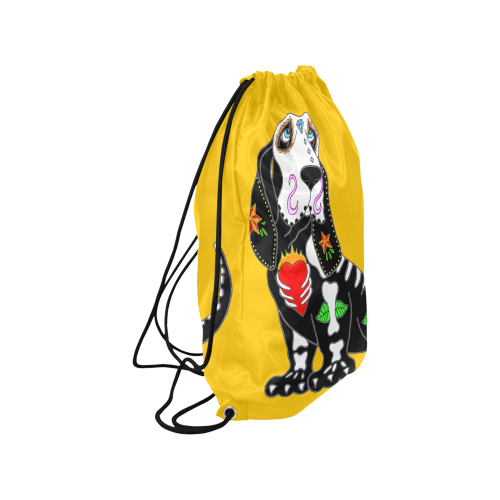 Basset Hound Sugar Skull Yellow Medium Drawstring Bag Model 1604 (Twin Sides) 13.8"(W) * 18.1"(H)