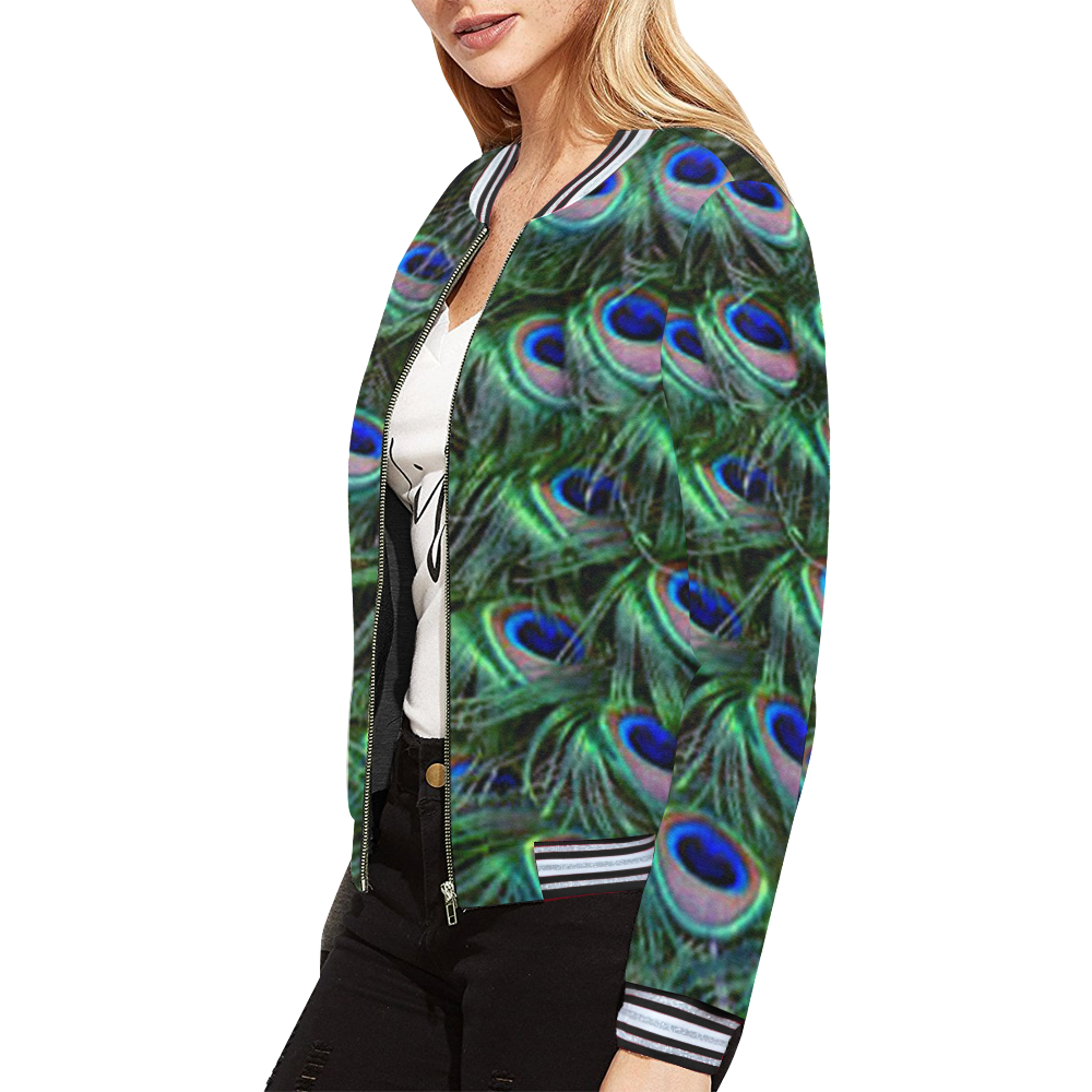 Peacock Feathers All Over Print Bomber Jacket for Women (Model H21)