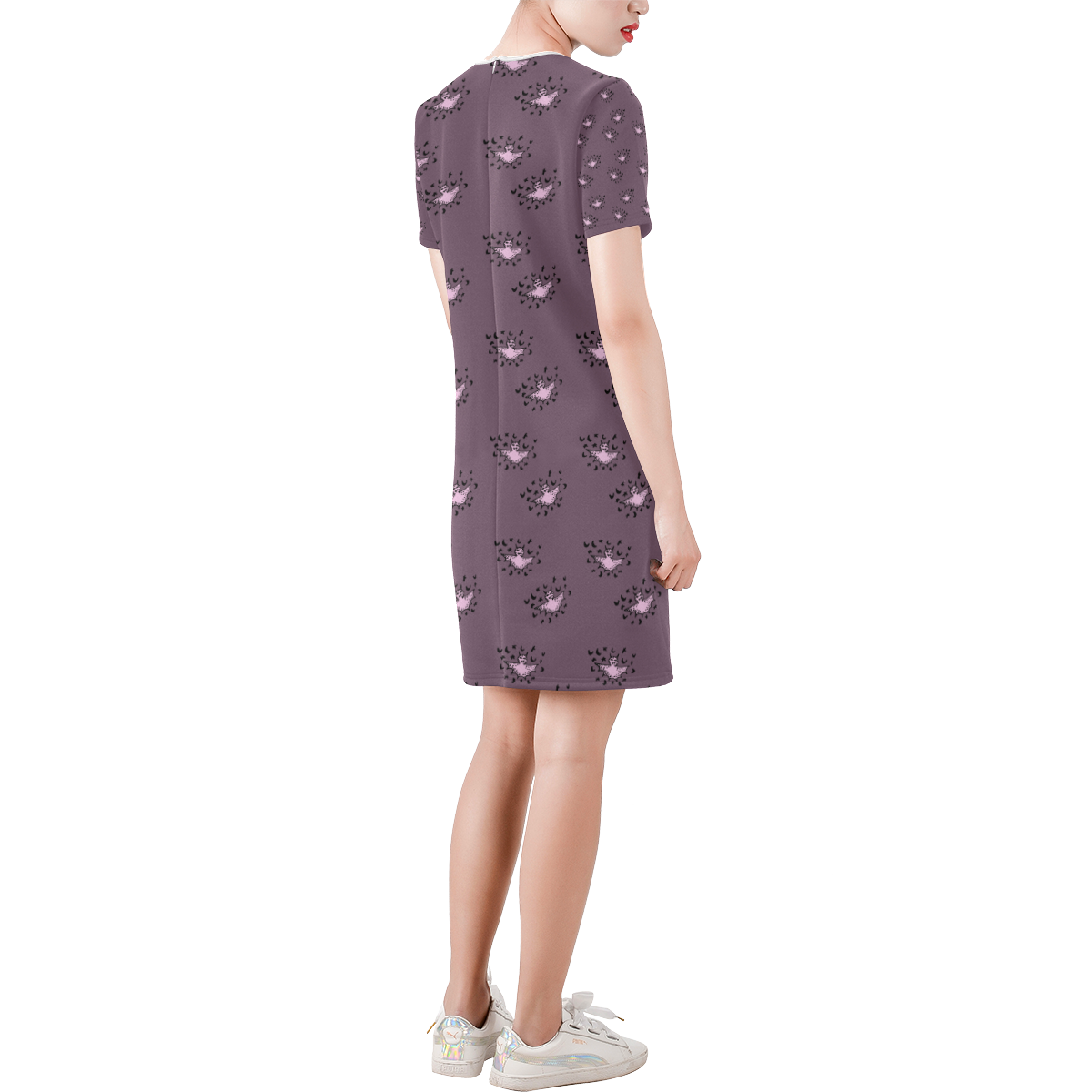 zodiac bat pink grey Short-Sleeve Round Neck A-Line Dress (Model D47)